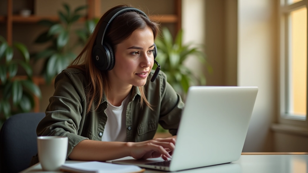 Aluno a estudar com fones de ouvido e computador