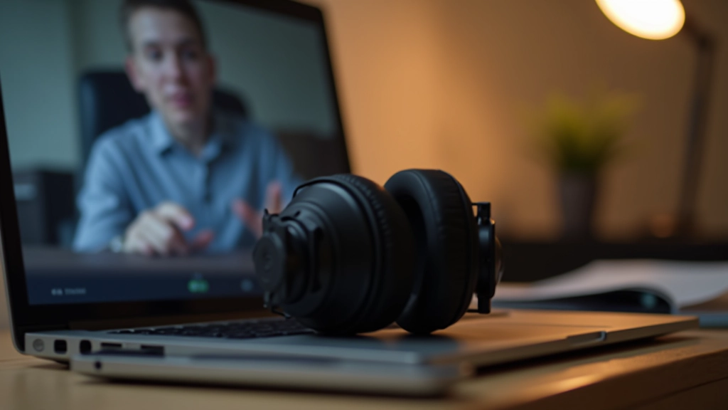 Auscultadores sobre um computador portátil com vídeo a reproduzir em fundo desfocado