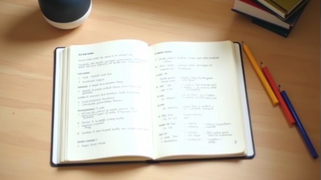 Caderno aberto com anotações em inglês, lápis coloridos ao lado, mesa de estudo limpa, lighting quente