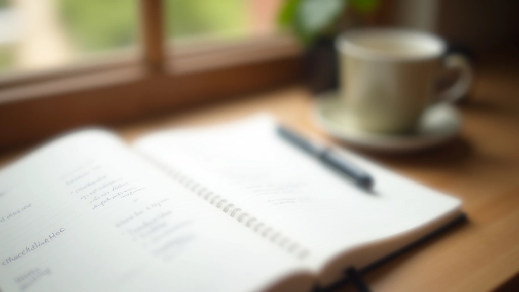 Notebook aberto com contrações em inglês anotadas à mão, caneta pousada, café ao lado, luz natural de janela