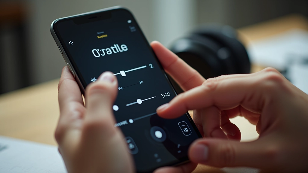 Telemóvel mostrando controlos de velocidade de reprodução, mão a ajustar, fundo com auscultadores, mesa de trabalho