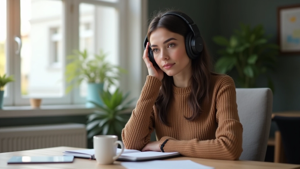 Mulher com auscultadores, sentada numa secretária com notas e café, ambiente de estudo calmo, iluminação natural
