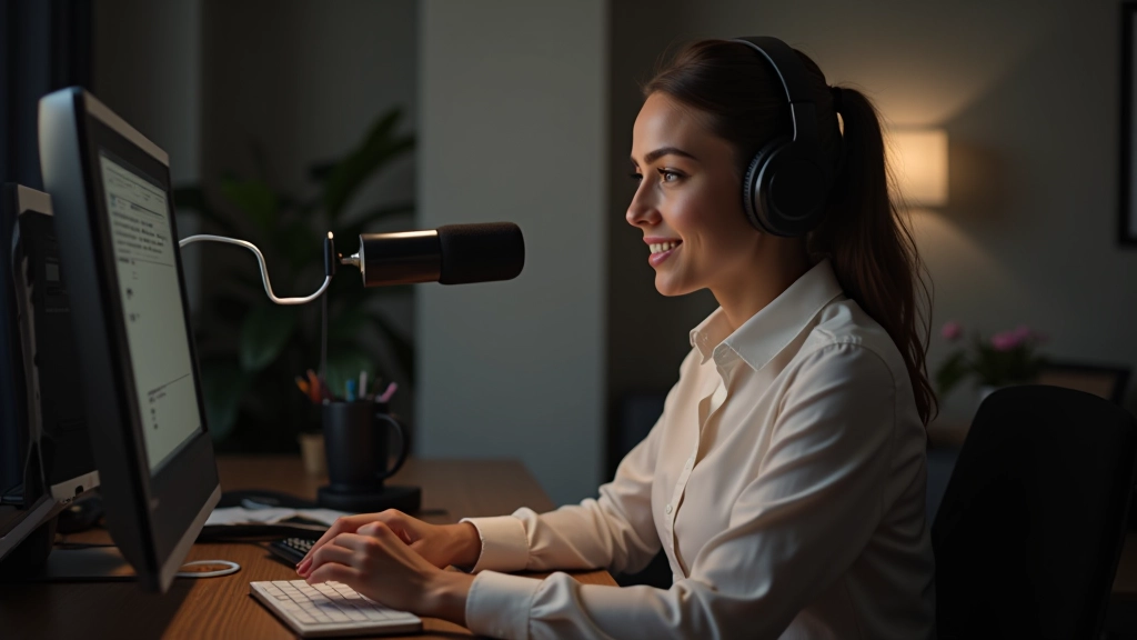 Mariana Fernandes a trabalhar num estúdio moderno de produção de conteúdo educacional, rodeada de equipamento de áudio profissional e notas de pesquisa